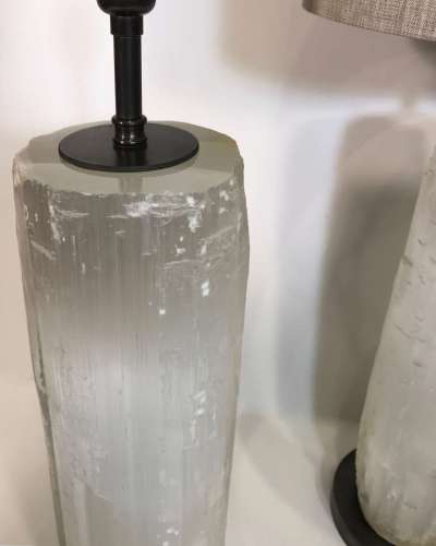 Pair Of Large Clear Selenite Lamps On Round Brown Bronze Bases