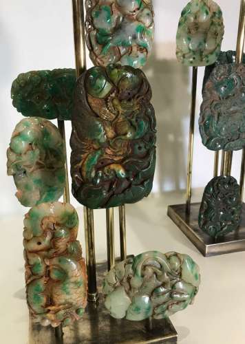 Pair Of Large Green Jade Disc Lamps On Antique Brass Bases