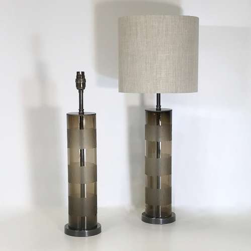 Pair Of Small Brown Glass "Kathryn" Column Lamps With Textured Cut Bands On Brown Bronze Bases