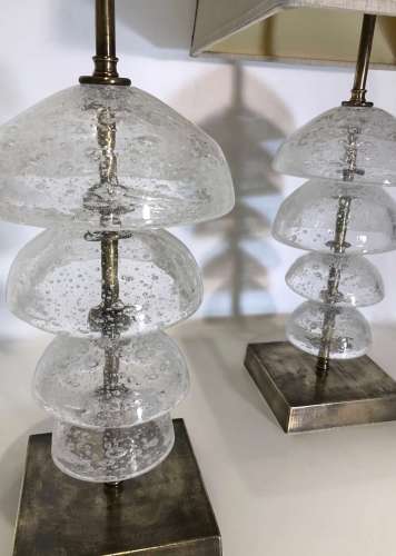 Pair Of Medium Clear Glass "Fountain" Lamps On Antique Brass Bases