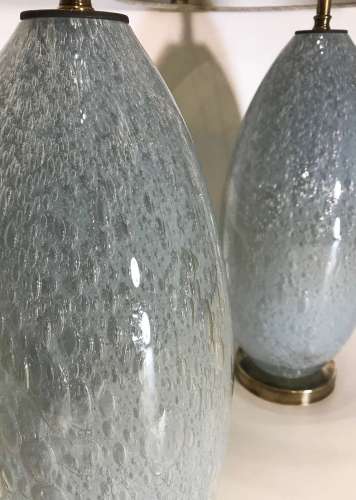 Pair Of Medium Blue Grey Glass "Almond" Lamps On Antique Brass Bases