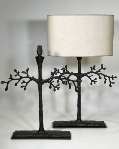 Pair Of Large Metal Olive Branch Table Lamps In Brown Bronze Finish
