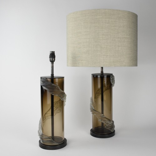 Pair of Brown Frosted 'Trail' Glass Lamps on Brass Bronze Bases