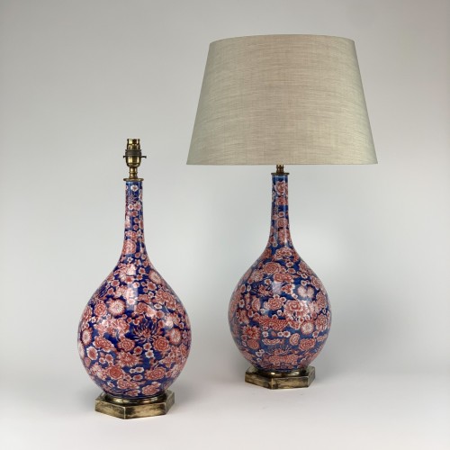 Pair Of Ceramic Floral Lamps On Antique Bronze Bases