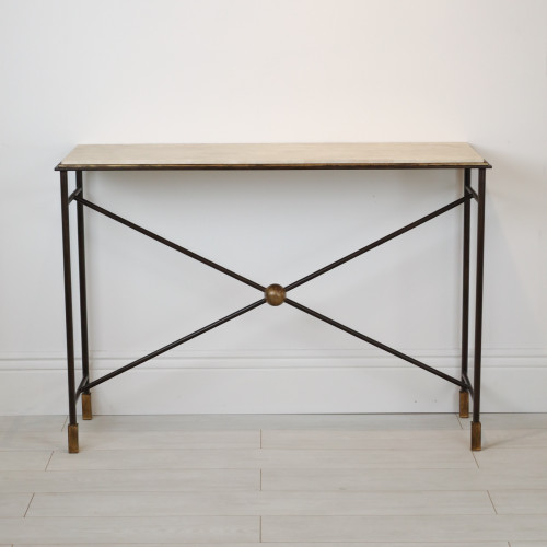 Medium Wrought Iron ‘Cross’ Console With Brown Bronze Finish And Distressed Gilt Highlights With Marble Top
