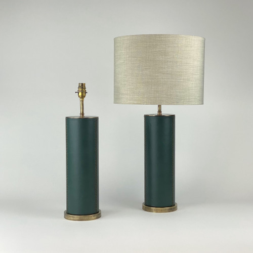 Pair Of Green Leather Lamps On Antique Brass Bases
