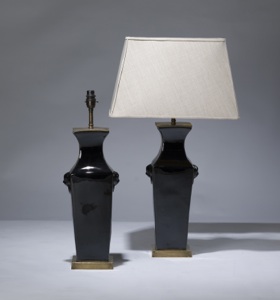 Pair Of Medium Black Ceramic Lamps On Distressed Brass Bases (T3187)