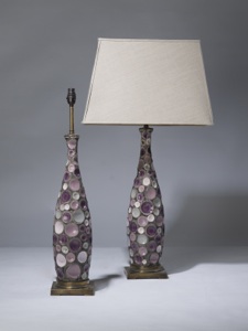 Pair Of Medium Purple Pink Ceramic Lamps On Distressed Brass Bases (T3228)