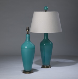 Pair Of Medium Turquoise Blue 'standard' Glass Lamps On Distressed Brass Bases (T3292)