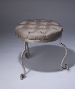 Small Round Wrought Iron 'disk' Stool In Warm Distressed Silver Leaf Finish With Natural Linen Upholstery (T3384)