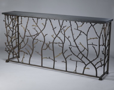 Wrought Iron 'coral' Console In Brown Bronze, Distressed Gold Leaf Highlight Finish With Marble Top (T3538)