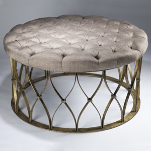 Small 'natalia' Ottoman In Distressed Gold Leaf Finish And Buttoned Upholstery (T3637)