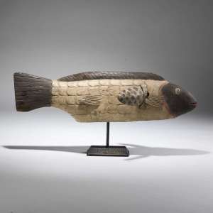 Antique African Wooden Tribal Fish On Bronze Stand (T3817)