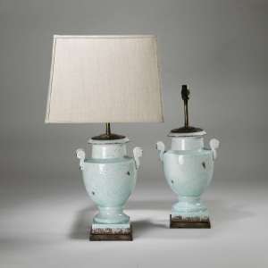 Pair Of Small Blue Glazed Ceramic Urn Lamps On Brass Bases (T3901)