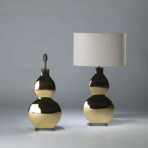 Pair Of Medium Gold Ceramic 'guitar' Lamps On Rectangle Brass Bases (T4098)