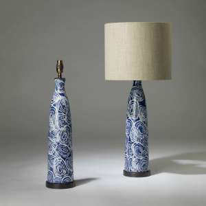 Pair Of Medium Blue And White Ceramic 'rose' Lamps On Round Bronze Bases (T4143)
