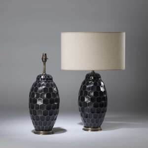 Pair Of Medium Black Ceramic Honeycomb Lamps On Round Brass Bases (T4353)