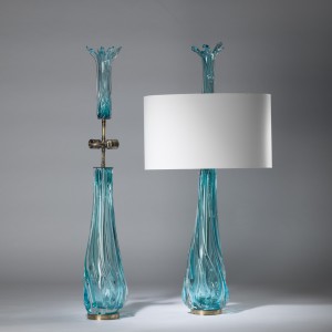 Pair Of Extra Large Splash! Aquamarine Blue Glass Lamps On Antique Brass Bases With Glass Finials (T4368)