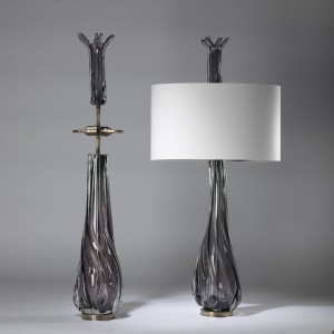 Pair Of Extra Large Splash! Warm Grey Glass Lamps On Antique Brass Bases With Glass Finials (T4370)