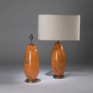 Pair Of Small Orange Glass 'almond' Dappled Lamps On Round Antiqued Brass Bases (T4438)