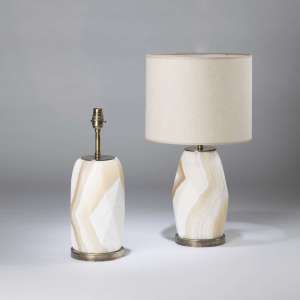 Pair Of Small Geometric Alabaster Lamps On Round Antiqued Brass Bases (T4472)
