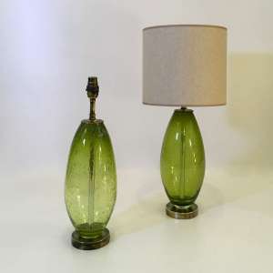 Pair Of Small Green Glass 'almond' Bubble Lamps With Round Antiqued Brass Bases (T4493)