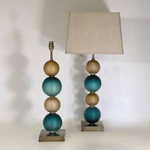 Pair Of Tall Green & Amber Cut Glass Ball Lamps On Antique Brass Bases (T4620)