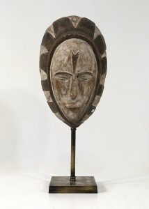 Antique Wooden Tribal Mask On Antique Brass Stand (T4784)