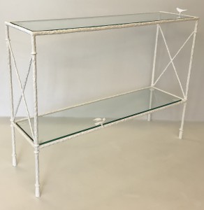 Textured Wrought Iron Small Two Tier Console Table With Glass Top Finished In Plaster White (T4842)