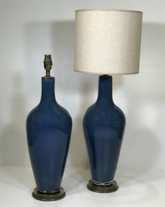 Pair Of Medium Glass 'standard' Lamps In Denim Blue On Distressed Brass Bases (T5114)