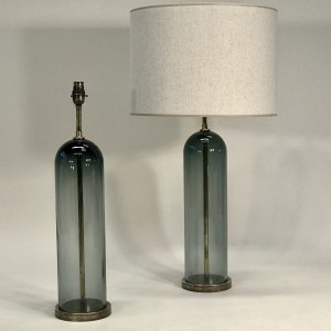 Pair Of Large Grey Glass Dome Top Lamps Cylinder Lamps On Round Antique Brass Bases (T5167)