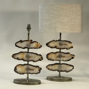 Pair Of Small Brown Agate Disc Lamps On Antique Brass Bases (T5265)