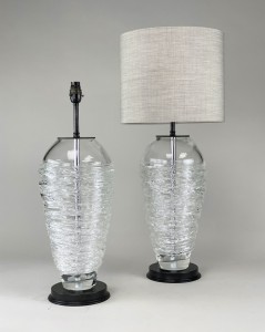 Pair Of Large Clear Candy Floss Glass Lamps With Brown Bronze Bases (T5357)