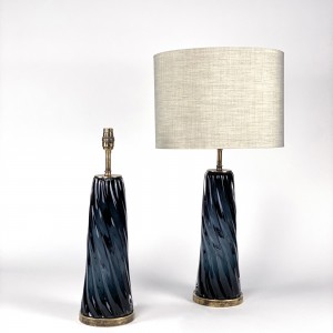 Pair of grey glass swirl lamps on antique brass bases (T5531)