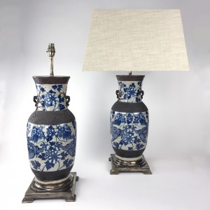 Pair of Large Blue & White Chinoiserie Vases on Square Antique Brass Bases (T5830)