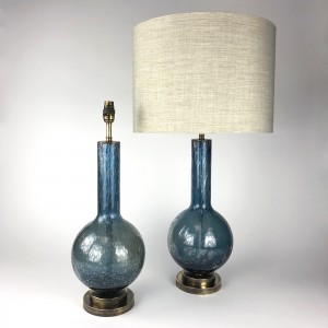 Pair of Blue Glass Bubble Lamps on Antique Brass Stand (T6140)