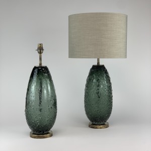 Pair Of Grey Green Glass Frit Lamps On Antique Brass Bases (T6675)
