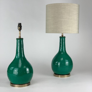 Pair Of Green Ceramic Lamps On Antique Brass Bases (T6818)