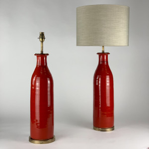 Tall Red Lamps On Antique Brass Bases (T6822)