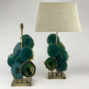 Pair Of Teal Agate Disc Lamps On Antique Brass Bases (T6859)