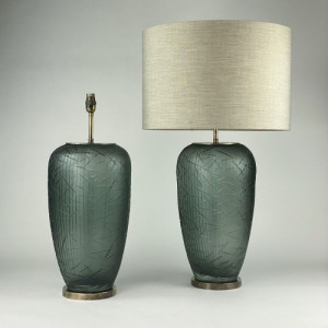 Pair Of Large Grey Cut Glass Lamps With Abstract Design On Antique Brass Bases (T7007)