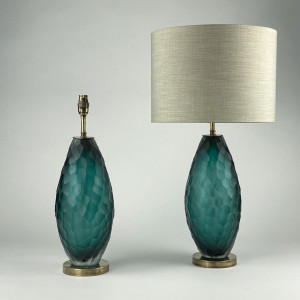 Pair Of Large Teal 'Battuto' Glass Lamps On Antique Brass Bases (T7027)