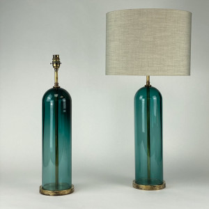 Pair of Large Teal Glass Dome Table Lamps on Antique Brass Bases (T7033)
