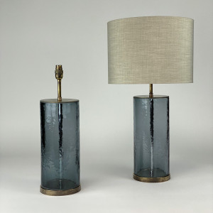 Pair Of Blue Rippled Glass Cylinder Lamps On Antique Brass Bases (T7059)