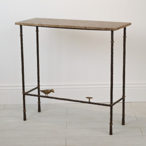 Small Wrought Iron 'bird & Bowl' Console Table In Brown Bronze, Gold Leaf Highlight Finish With Brown Marble Top (T7103)