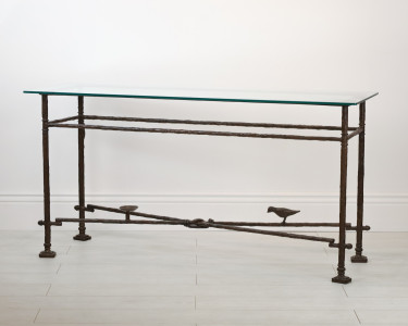 Large Wrought Iron 'bird & Bowl' Console Table In Brown Bronze, Gold Leaf Highlight Finish With Bronze Glass Top (T7104)