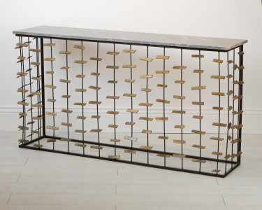 Wrought Iron 'Confetti' Console Table In Brown Bronze With Gold Leaf Highlights And Marble Top. (T7105)