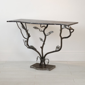Wrought Iron 'Leaf' Console Table In Grey With Distressed Silver Leaf Highlight Finish And Shaped Marble Top (T7114)