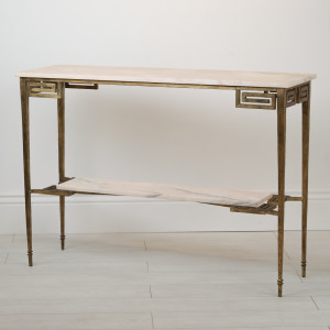 Wrought Iron 'Greek Key' Console Table In Distressed Gold Leaf Finish With Marble Top (T7120)