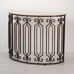 Wrought Iron 'Victorian Balcony' Console Table In Brown Bronze Painted Finish With Distressed Gold Highlights And Marble Top (T7122)